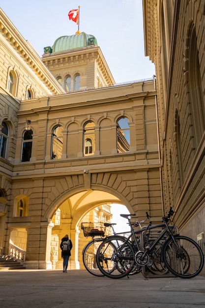 Bicycles at the Helvetian Confederation in Bern with a sunny day
