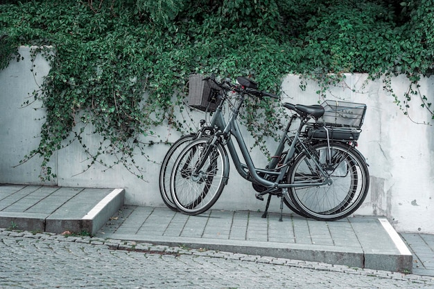 Bicycles parked on the sidewalk in a german tourist location on Rugen island