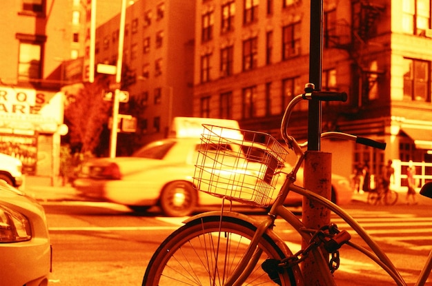 Bicycles parked on street in city