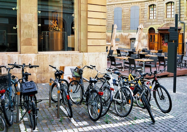 Bicycles at the Street in the city center of Geneva, Switzerland.