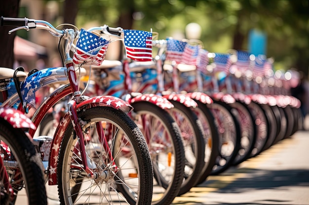 Велосипеды с американскими флагами в ряд в солнечный день Декорированные велосипеды, выстроенные в очередь для парада 4 июля Дня независимости