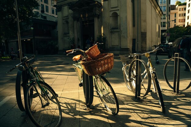 Bicycles with baskets in milan italy