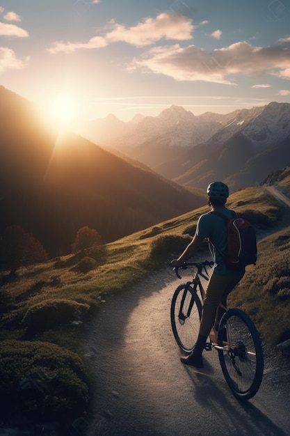 Il ciclista viaggia da solo in un bellissimo tramonto su una strada di montagna