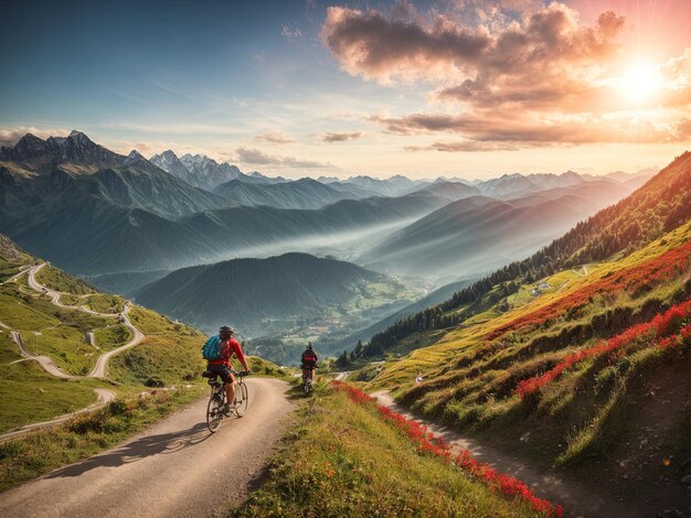 Photo bicyclists climbing up the long paved road curving back and forth on themselves up and down the extr