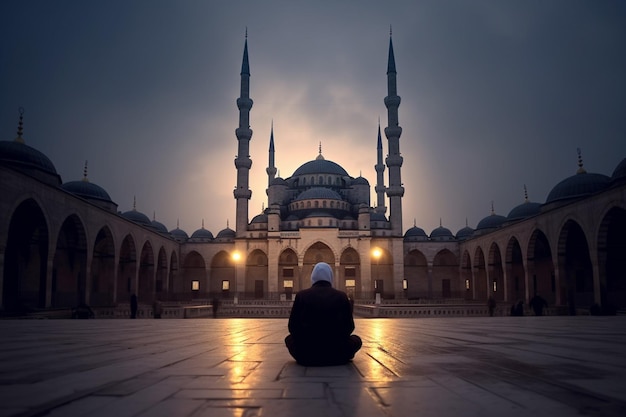 Bidden bij de blauwe moskee in de schemering