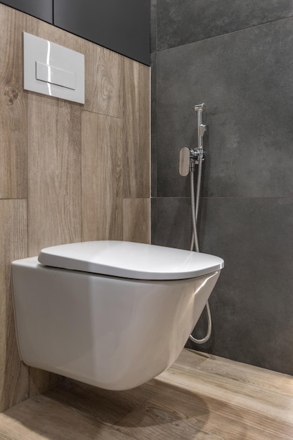 Bidet in modern toilet with wall mount shower attachment