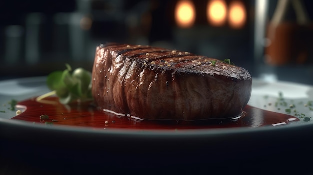 Biefstuk close-up op restaurant achtergrond met wazig effect generatieve ai