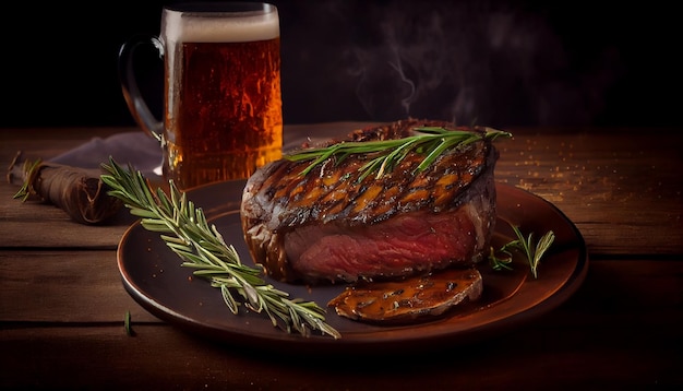 Biefstuk met glas bier en rozemarijn op een houten tablegeneratieve ai