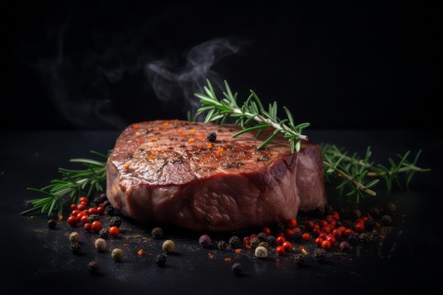 Biefstuk op een donkere achtergrond met specerijen en kruiden