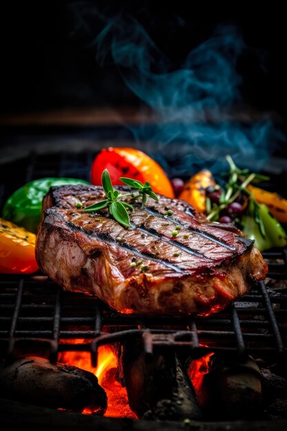 Biefstukkruiden en groenten op de grill met vlammen Gastronomisch eten Heerlijk eten Generatieve AI