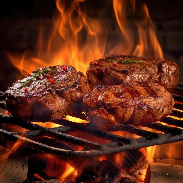 Biefstuklapjes vlees op de grill met vlammen Generatieve Ai