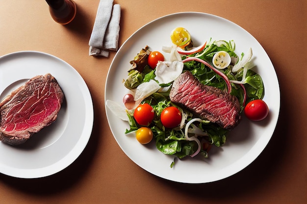 Biefstukplak op bord met salade