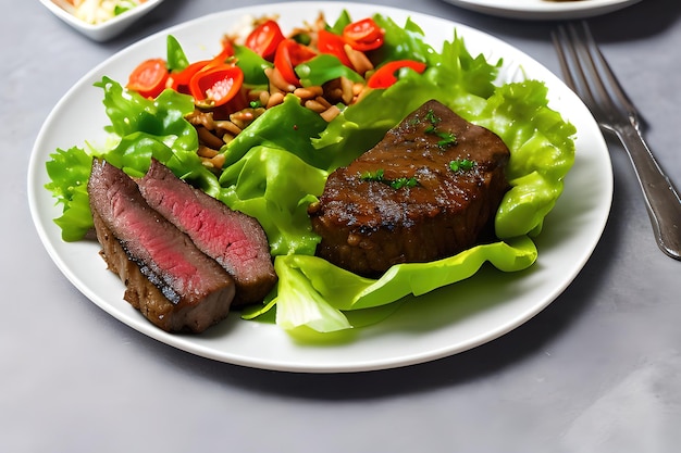 Biefstukplak op bord met salade