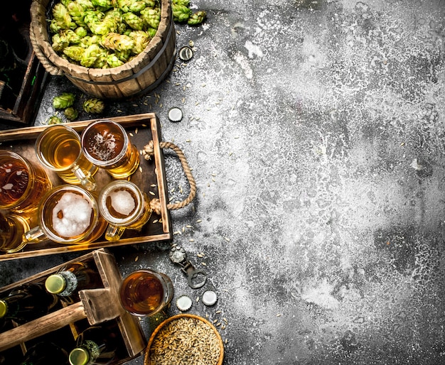 Bier achtergrond. vers bier met ingrediënten op rustieke tafel.