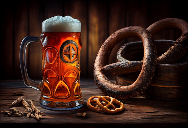 Bier en Pretzel op houten achtergrond Oktoberfest Genereer Ai