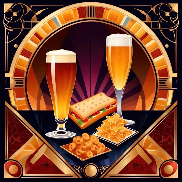 Bier en snacks klassieke retro vintage art deco stijl illustratie