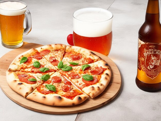 Bier en zelfgemaakte pizza op een houten tafel.