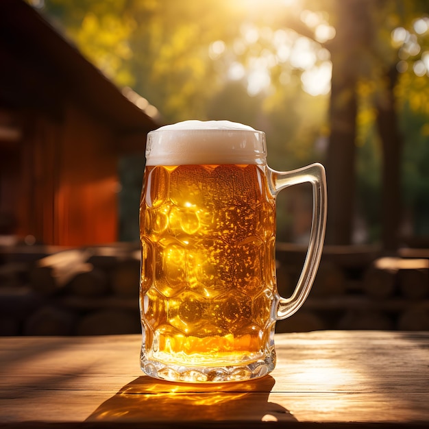 Bier in een bierkop op een houten tafel.