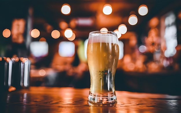 Foto bier in een glas op een bar onder het bokeh licht