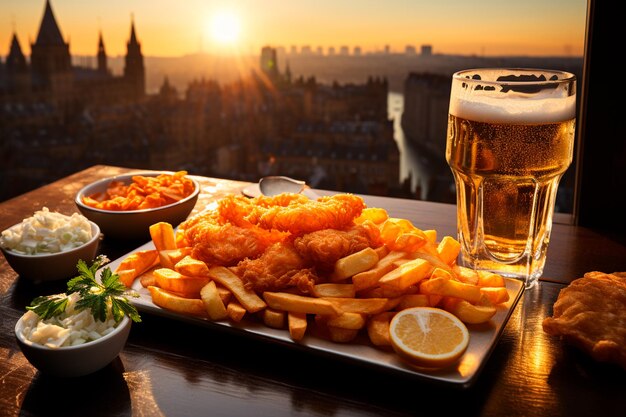 bier met fish and chips op tafel