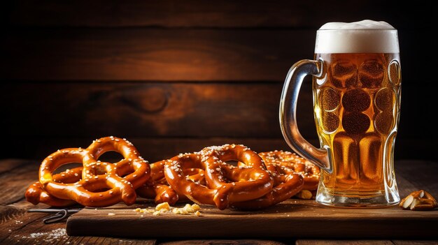 Foto bier met pretzels op tafel.