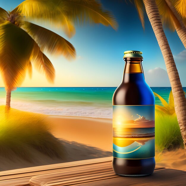 Bier op een houten tafel met een wazige achtergrond op het strand.