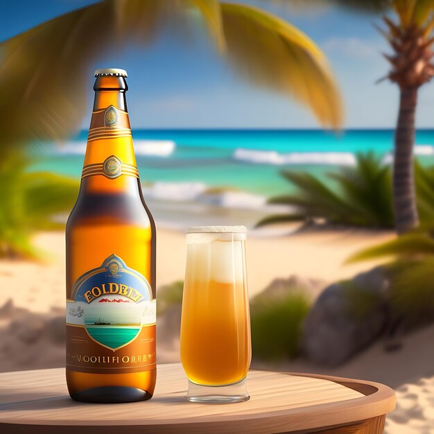 Bier op een houten tafel met een wazige achtergrond op het strand.