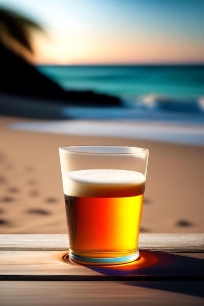 Bier op houten tafel met onscherpe strandachtergrond