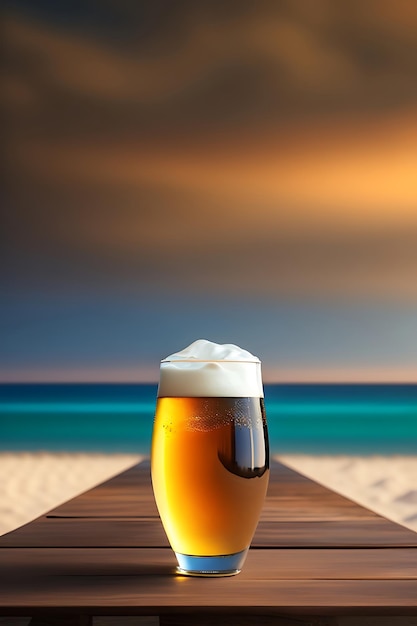 Bier op houten tafel met onscherpe strandachtergrond