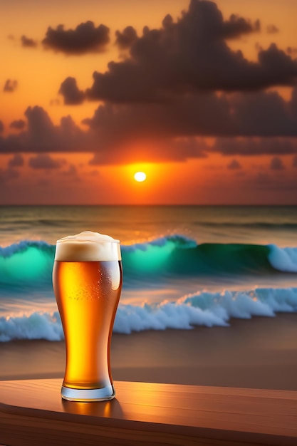 Bier op houten tafel met onscherpe strandachtergrond