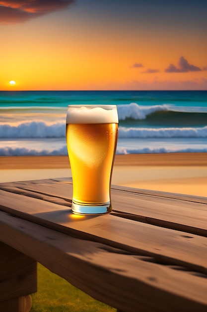 Bier op houten tafel met onscherpe strandachtergrond