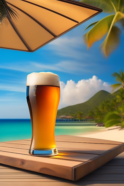 Bier op houten tafel met onscherpe strandachtergrond