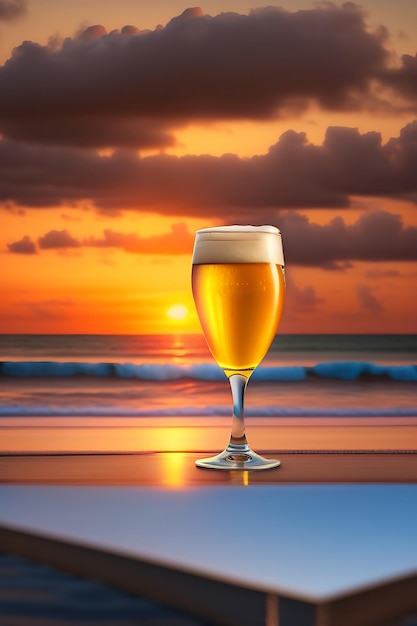 Bier op houten tafel met onscherpe strandachtergrond