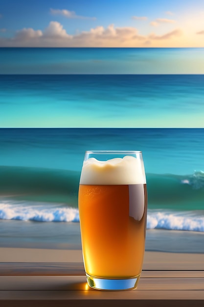 Bier op houten tafel met onscherpe strandachtergrond