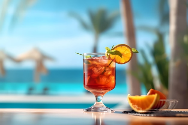 Bier rode cocktail en tropisch drankje met zee op een zonnige dag in de zomer