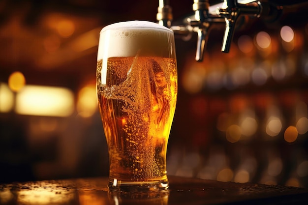 Foto bier wordt gegoten in glas op de bar closeup achtergrond soncept bier gieten in closeup bar decor als achtergrond verschillende soorten glaswerk voor bier voordelen van het drinken van bier