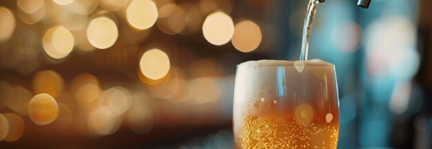 Foto bier wordt in een glazen bokeh-achtergrond gegoten