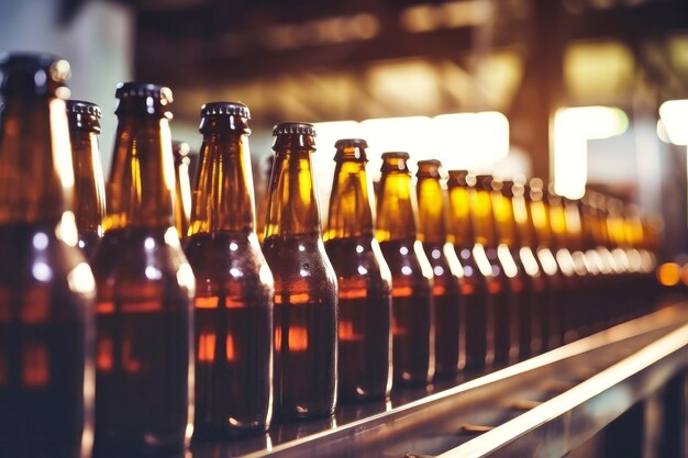 Bierfabriek Brouwerijconveyor met glazen flessen bier en alcohol Closeup Onduidelijke achtergrond Moderne productie voor het bottelen van dranken Selectieve focus