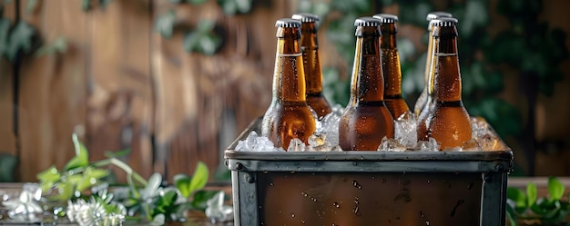 Bierflessen koelen in een metalen bad Concept Partijdranken Zomer bijeenkomst Verfrissende dranken Outdoor vermaak Koelde bierflessen