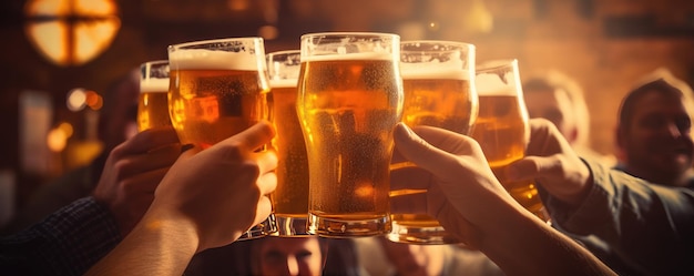 Bierglazen in de hand van een groep gelukkige vrienden die bier drinken en toasten.