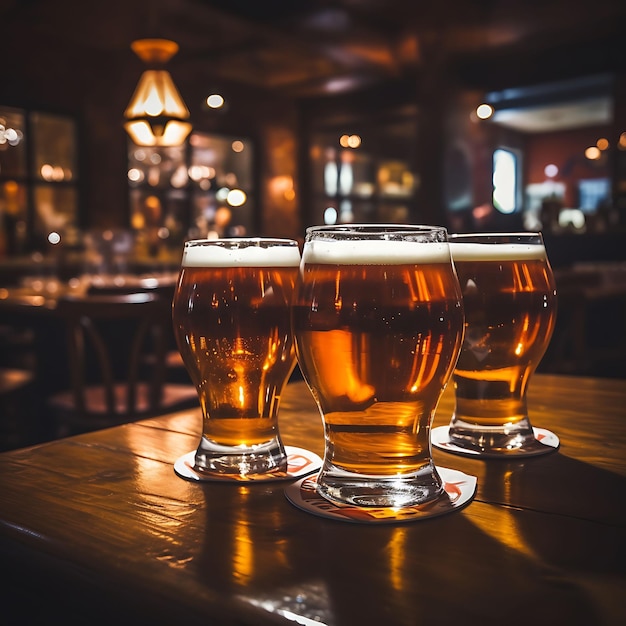 Bierglazen op een tafel in een bar