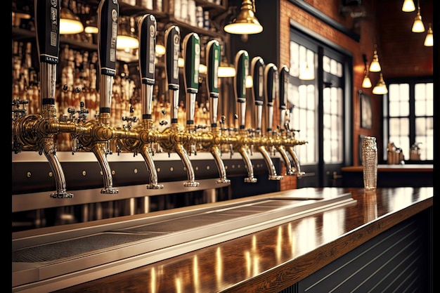 Foto bierkranen op lange bierteller in bar gemaakt met generatieve ai