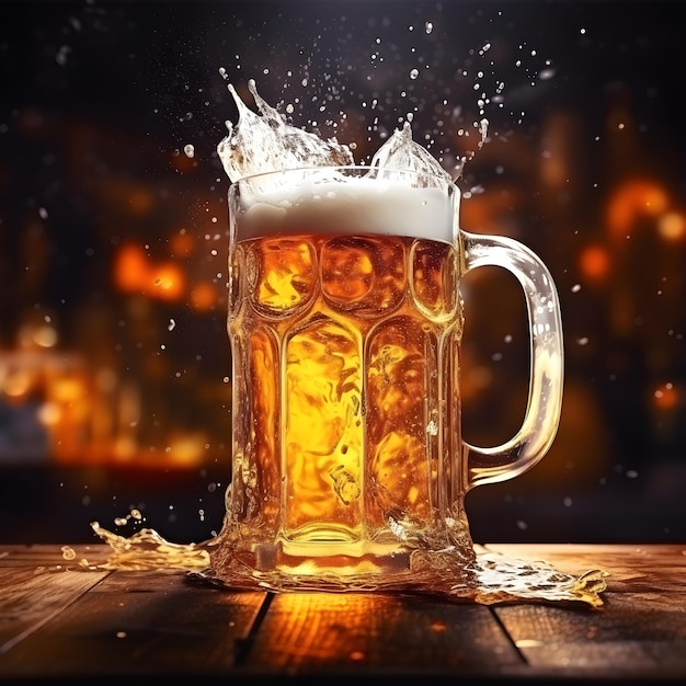 Bierpul met opspattende vloeistof in donker licht