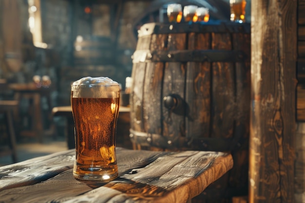 Foto biervat met bierglazen op tafel op houten achtergrond