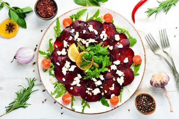 Bietengroentesalade met fetakaas Eten Bovenaanzicht Vrije ruimte voor uw tekst