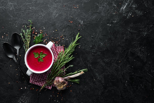 Bietensoep Borsch Gerechten eten Bovenaanzicht Vrije ruimte voor uw tekst