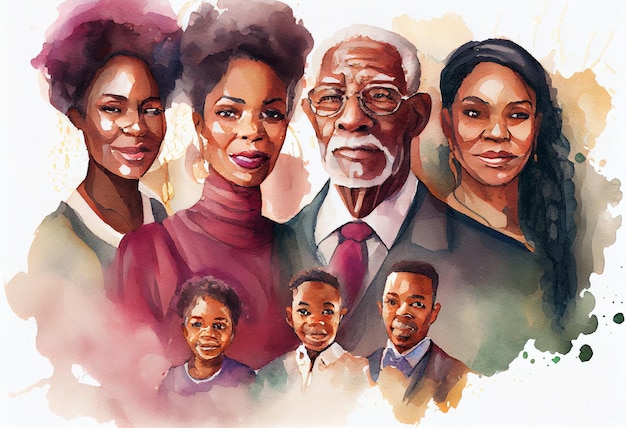 大きなアフリカ系アメリカ人の家族の水彩画の肖像画 2 月のアフリカ系アメリカ人の歴史の日 Ai を生成