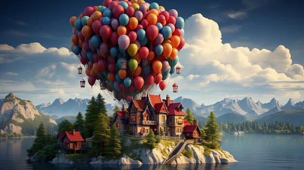 Photo big air balloons in the sky over the lake