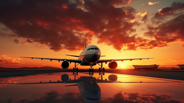 Big airplane against sky with sundown Beautiful illustration picture Generative AI