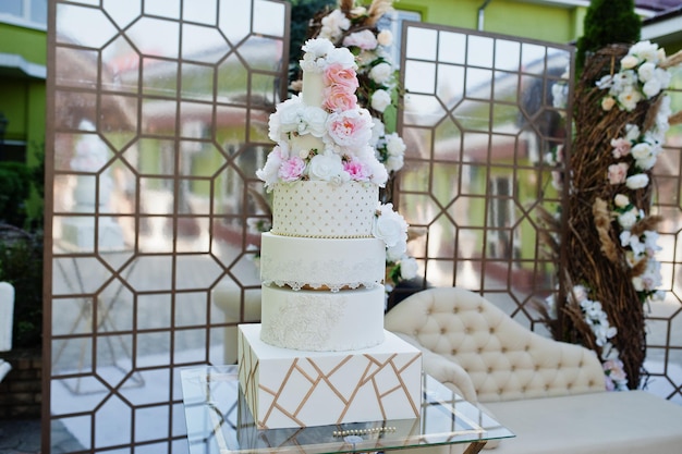 Big amazing wedding cake with flowers